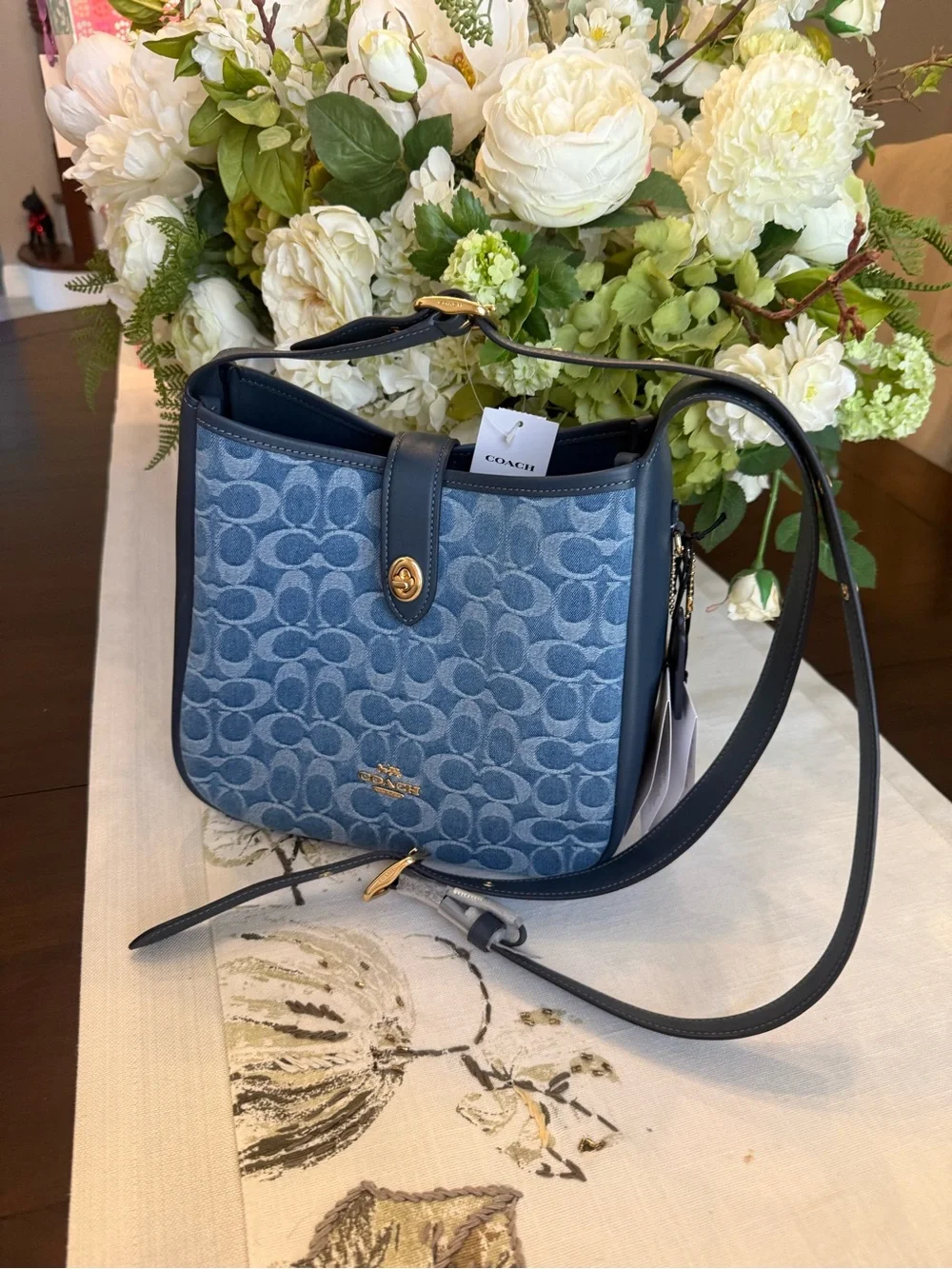 Coach Denim Signature Shoulder Bag with Navy Trim and Gold Hardware